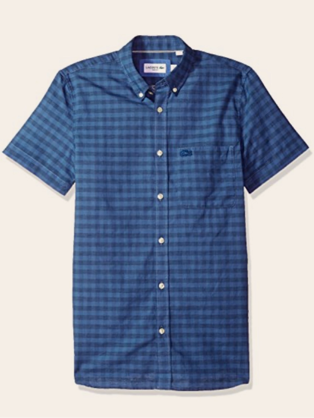 Lacoste Cotton & Linen Slim Fit Blue Short-Sleeve Check Button-Down Shirt Medium
